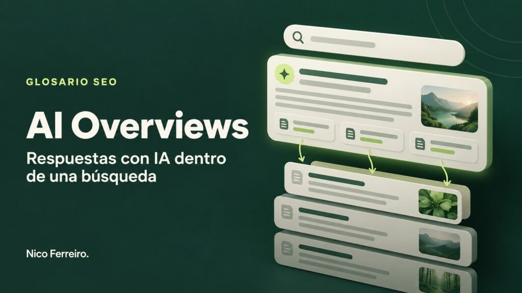 Ilustración del concepto SEO «AI Overviews»: Respuestas con IA dentro de una búsqueda.