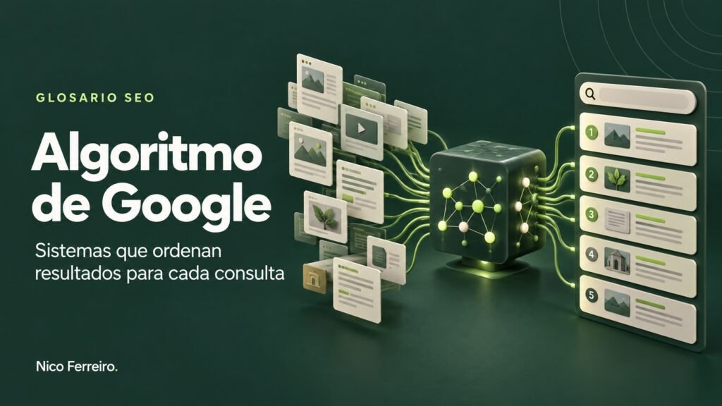 Ilustración del concepto SEO «Algoritmo de Google»: Sistemas que ordenan resultados para cada consulta.