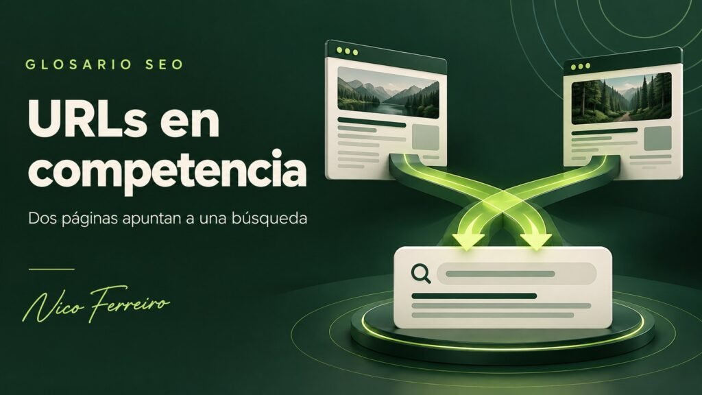 Ilustración del concepto SEO «URLs en competencia»: Dos páginas apuntan a una búsqueda.
