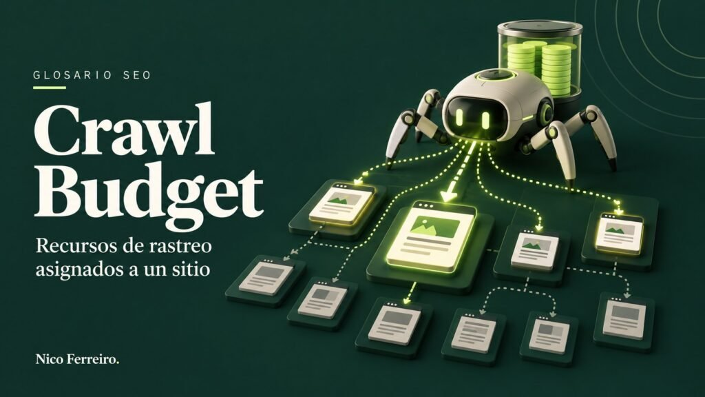 Ilustración del concepto SEO «Crawl Budget»: Recursos de rastreo asignados a un sitio.