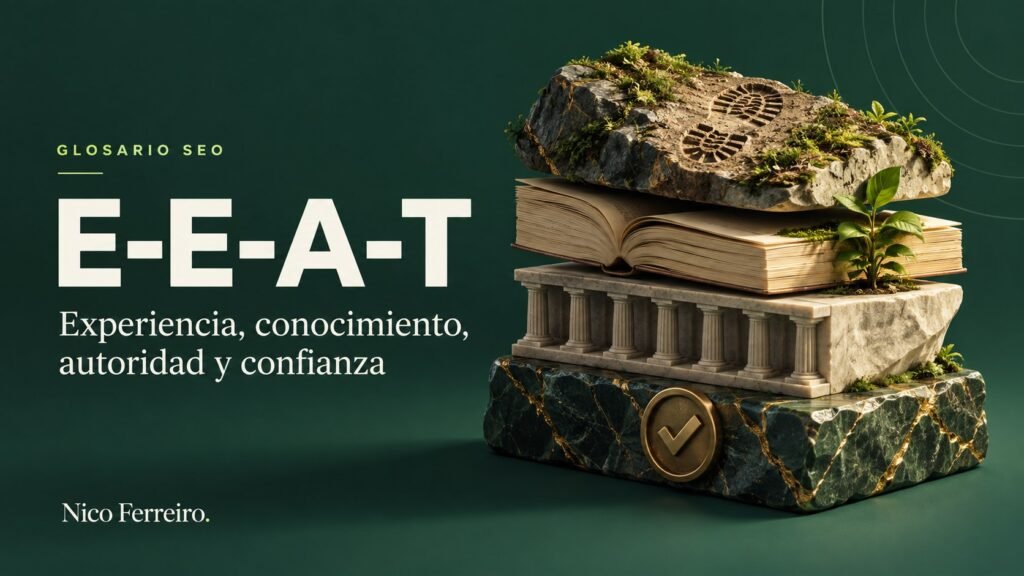 Ilustración del concepto SEO «E-E-A-T»: Experiencia, conocimiento, autoridad y confianza.