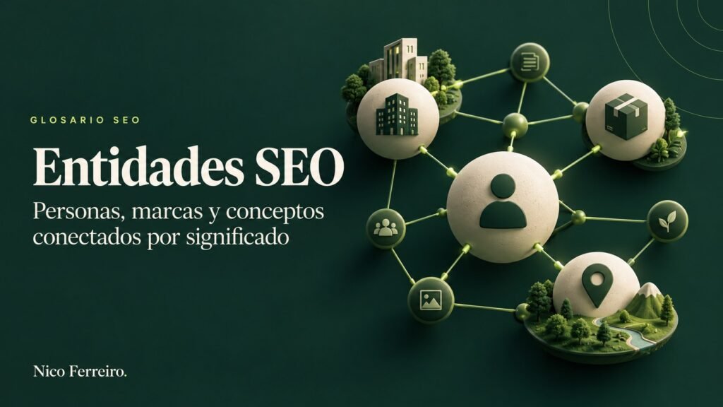 Ilustración del concepto SEO «Entidades SEO»: Personas, marcas y conceptos conectados por significado.