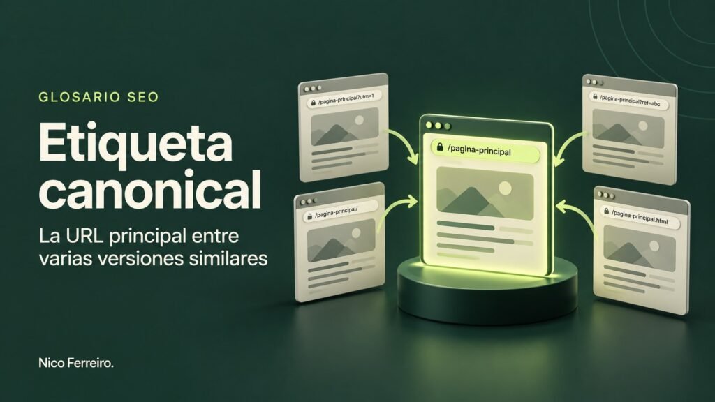 Ilustración del concepto SEO «Etiqueta canonical»: La URL principal entre varias versiones similares.