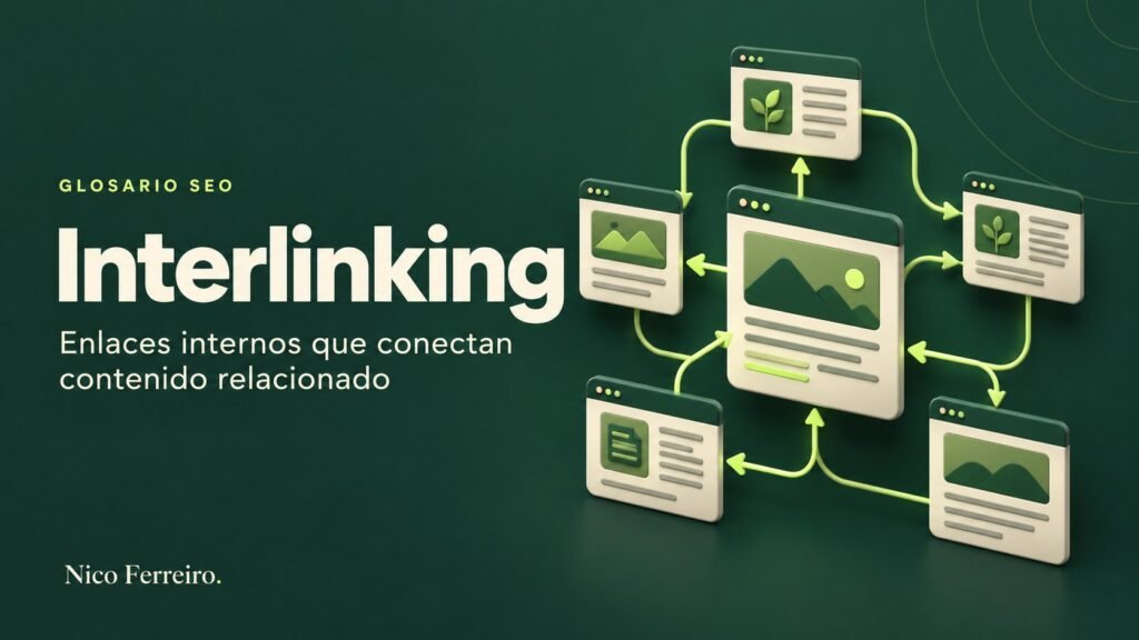 Ilustración del concepto SEO «Interlinking»: Enlaces internos que conectan contenido relacionado.