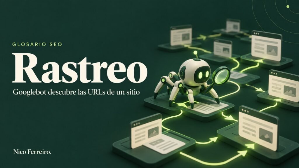 Ilustración del concepto SEO «Rastreo»: Googlebot descubre las URLs de un sitio.