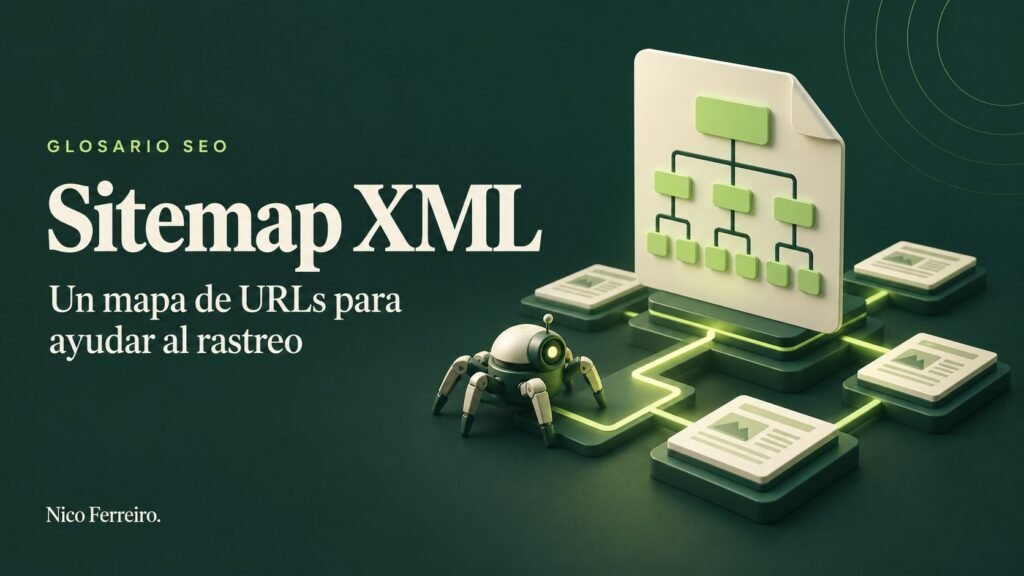 Ilustración del concepto SEO «Sitemap XML»: Un mapa de URLs para ayudar al rastreo.