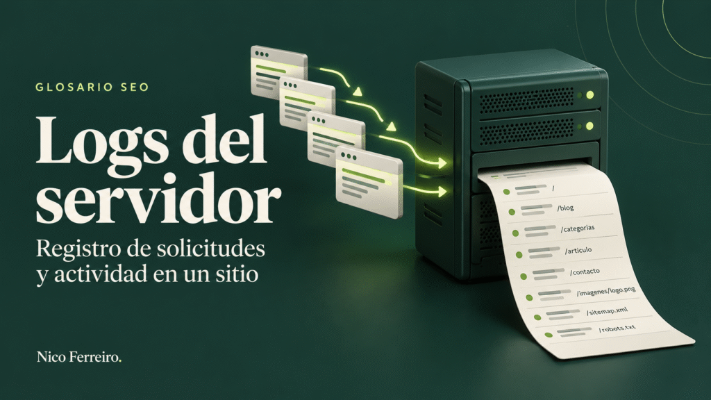 Ilustración del concepto SEO «Logs del servidor»: registro visual de solicitudes que llegan a un servidor.
