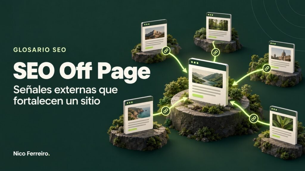 Ilustración del concepto SEO «SEO Off Page»: Señales externas que fortalecen un sitio.
