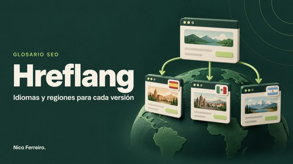 Ilustración del concepto SEO «Hreflang»: versiones lingüísticas y regionales conectadas mediante etiquetas hreflang.