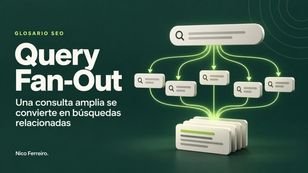 Ilustración del concepto SEO «Query Fan-Out»: Una consulta amplia se convierte en búsquedas relacionadas.